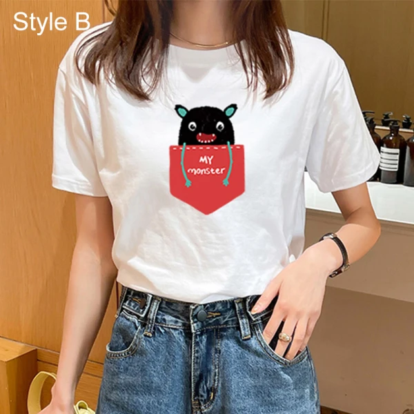 Casual Summer White Loose Cartoon Printing T-Shirts 2021 Cotton Scoop Neck Short Sleeve Women's Tops T-shirt
