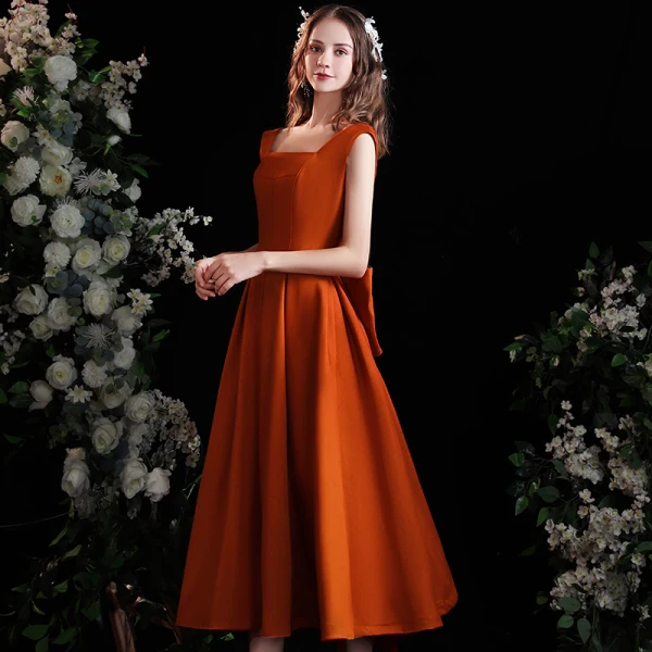 Fashion Orange Homecoming Satin Graduation Dresses 2021 A-Line / Princess Square Neckline Sleeveless Backless Bow Tea-length Formal Dresses