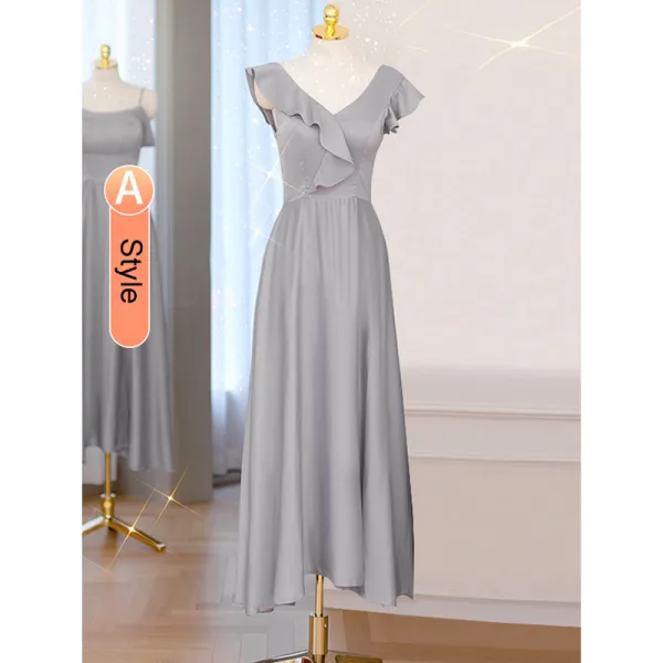 Modest / Simple Grey Satin Bridesmaid Dresses 2021 A-Line / Princess Spaghetti Straps Short Sleeve Backless Tea-length Wedding Party Dresses