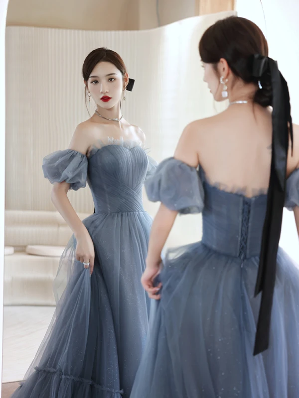 Schöne Blau Ballkleider 2021 A Linie Off Shoulder Geschwollenes Kurze Ärmel Rückenfreies Sweep / Pinsel Zug Festliche Kleider
