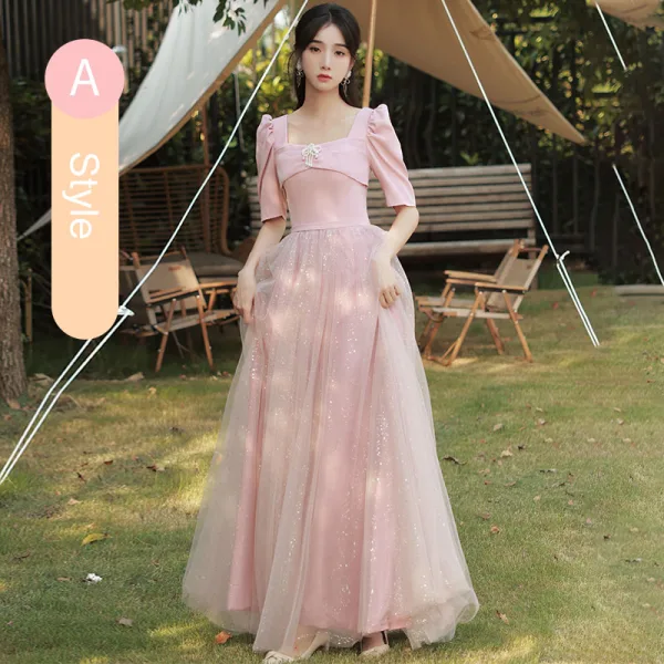 Chic / Belle Rose Bonbon Perle Robe Demoiselle D'honneur 2021 Princesse Manches Courtes Dos Nu Paillettes Longue Robe Pour Mariage