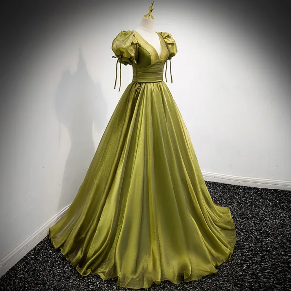 Modest / Simple Clover Green Satin Prom Dresses 2021 A-Line / Princess V-Neck Puffy Short Sleeve Backless Floor-Length / Long Formal Dresses