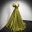Modest / Simple Clover Green Satin Prom Dresses 2021 A-Line / Princess V-Neck Puffy Short Sleeve Backless Floor-Length / Long Formal Dresses