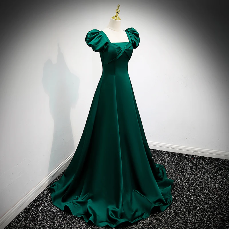 Vintage Retro Dark Green Satin Prom Dresses 2021 A-Line Princess Square Neckline Puffy