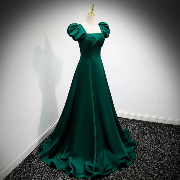 Vintage / Retro Dark Green Satin Prom Dresses 2021 A-Line / Princess Square Neckline Puffy Short Sleeve Backless Floor-Length / Long Prom Formal Dresses