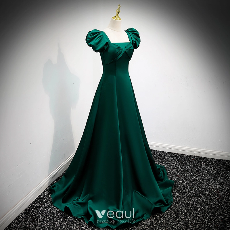 Vintage Retro Dark Green Satin Prom Dresses 2021 A-Line Princess Square Neckline Puffy