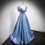 Mode Bleu Ciel Satin Robe De Bal 2021 Princesse Encolure Carrée Gonflée Manches Courtes Dos Nu Perlage Perle Noeud Faux Diamant Ceinture Longue Promo Robe De Ceremonie