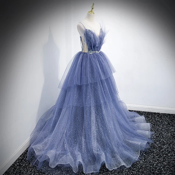 Charmant Himmelblau Fallende Rüsche Ballkleider 2021 A Linie Spaghettiträger Perlenstickerei Strass Pailletten Ärmellos Rückenfreies Sweep / Pinsel Zug Ball Festliche Kleider