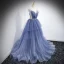 Charmant Himmelblau Fallende Rüsche Ballkleider 2021 A Linie Spaghettiträger Perlenstickerei Strass Pailletten Ärmellos Rückenfreies Sweep / Pinsel Zug Ball Festliche Kleider