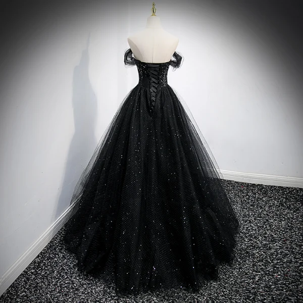 Charmant Noire Paillettes Robe De Bal 2021 Princesse De l'épaule Manches Courtes Dos Nu Longue Promo Robe De Ceremonie
