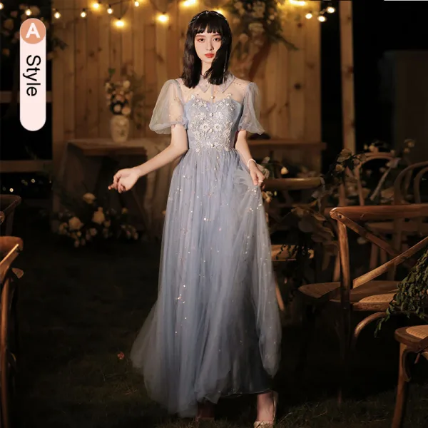 Fashion Sky Blue Beading Sequins Bridesmaid Dresses 2021 A-Line / Princess Pearl Rhinestone Short Sleeve Backless Floor-Length / Long Wedding Party Dresses