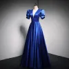 Vintage / Retro Royal Blue Prom Dresses 2021 A-Line / Princess V-Neck Puffy Short Sleeve Backless Floor-Length / Long Satin Formal Dresses