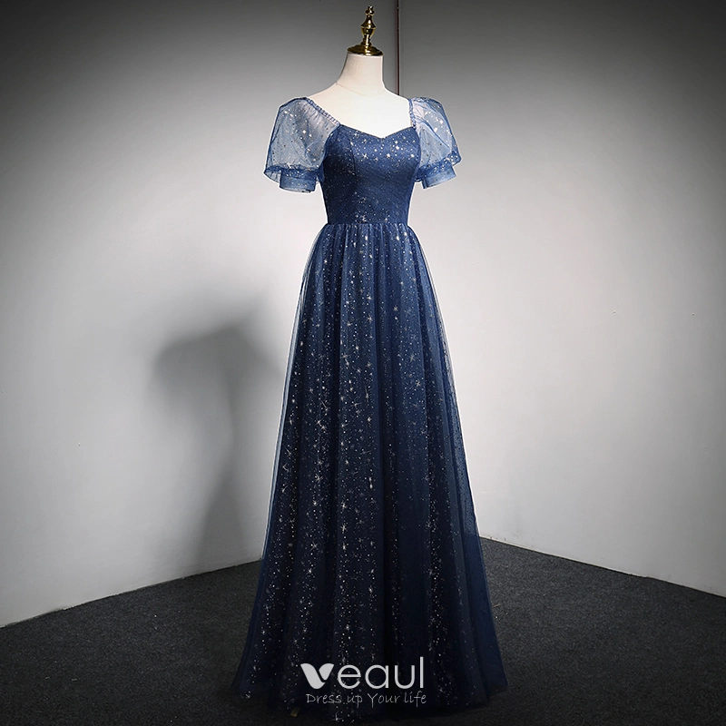 strapless open back dress Shiny Off Shoulder Navy Blue Tulle Navy Blue Formal Graduation Evening