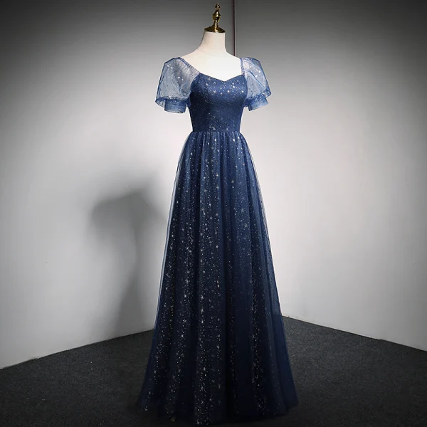 Charmant Bleu Marine Étoile Paillettes Robe De Bal 2021 Princesse V-Cou Manches Courtes Dos Nu Longue Robe De Ceremonie