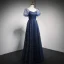Charmant Bleu Marine Étoile Paillettes Robe De Bal 2021 Princesse V-Cou Manches Courtes Dos Nu Longue Robe De Ceremonie