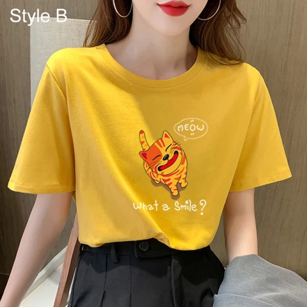Casual Summer Yellow Loose Cartoon Printing T-Shirts 2021 Cotton Scoop Neck Short Sleeve Women's Tops T-shirt