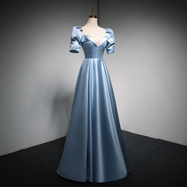 Fashion Sky Blue Satin Prom Dresses 2021 A-Line / Princess Square Neckline Short Sleeve Backless Sequins Bow Floor-Length / Long Formal Dresses