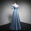 Fashion Sky Blue Satin Prom Dresses 2021 A-Line / Princess Square Neckline Short Sleeve Backless Sequins Bow Floor-Length / Long Formal Dresses