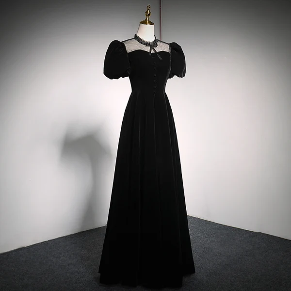 Elegant Black Suede Prom Dresses 2021 A-Line / Princess High Neck Bow Puffy Short Sleeve Backless Floor-Length / Long Formal Dresses