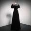 Elegant Black Suede Prom Dresses 2021 A-Line / Princess High Neck Bow Puffy Short Sleeve Backless Floor-Length / Long Formal Dresses