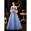 Flower Fairy Sky Blue Pearl Lace Flower Appliques Prom Dresses 2021 A-Line / Princess U-Neck Bell sleeves Backless Floor-Length / Long Formal Dresses