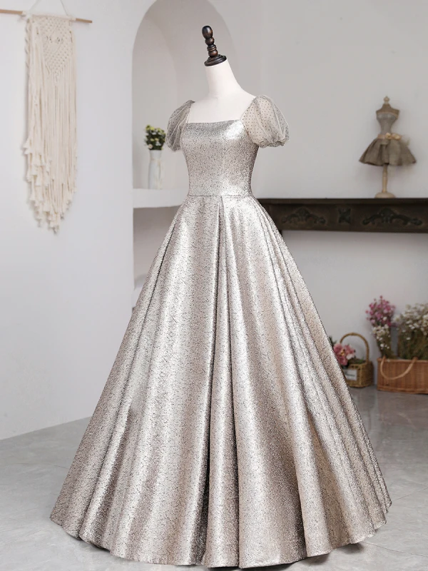 Scintillantes Argenté Glitter Paillettes Satin Robe De Bal 2021 Princesse Encolure Carrée Tachetée Manches Courtes Dos Nu Longue Robe De Ceremonie