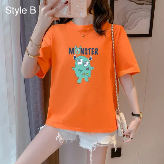 Casual Summer Orange Cartoon Printing Loose T-Shirts 2021 Cotton Scoop Neck Short Sleeve Women's Tops T-shirt