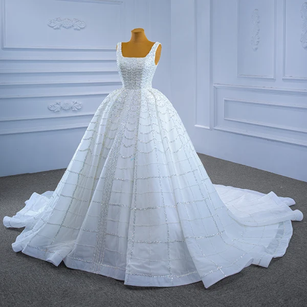 High End Weiß Glanz Perlenstickerei Pailletten Brautkleider / Hochzeitskleider 2021 Ballkleid Eckiger Ausschnitt Ärmellos Rückenfreies Kathedrale Schleppe Hochzeit