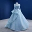 High-end Pool Blue Beading Sequins Prom Dresses 2021 A-Line / Princess High Neck Long Sleeve Sweep Train Formal Dresses