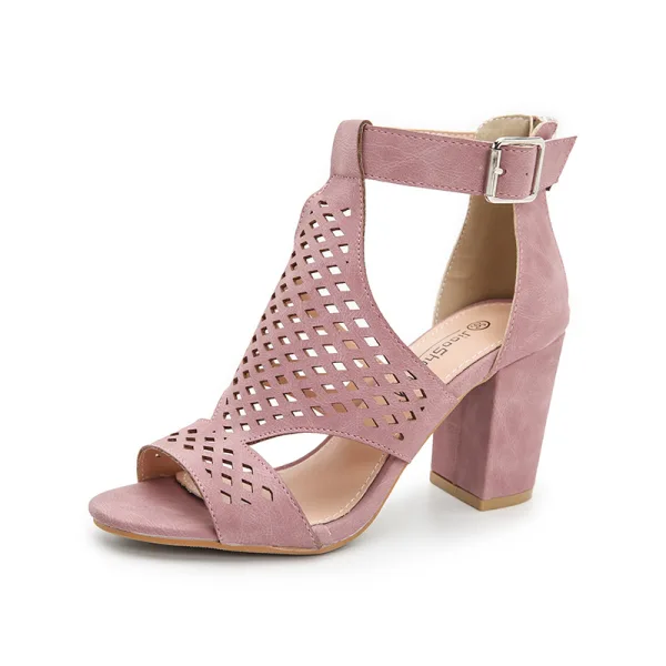 Schöne Schwarz Strassenmode Sandalen Damen 2021 Durchbohrt T-Riemen 8 cm Thick Heels Peeptoes Sandaletten