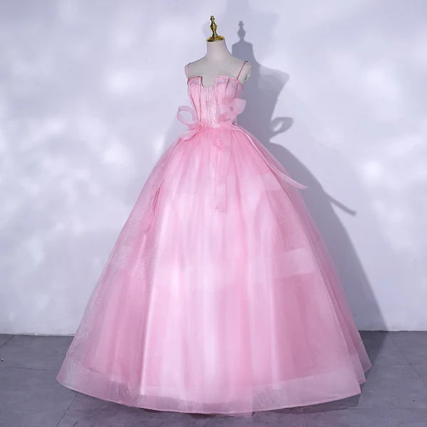 Schöne Pink Ballkleider 2021 Ballkleid Spaghettiträger Ärmellos Rückenfreies Schleife Lange Ball Festliche Kleider