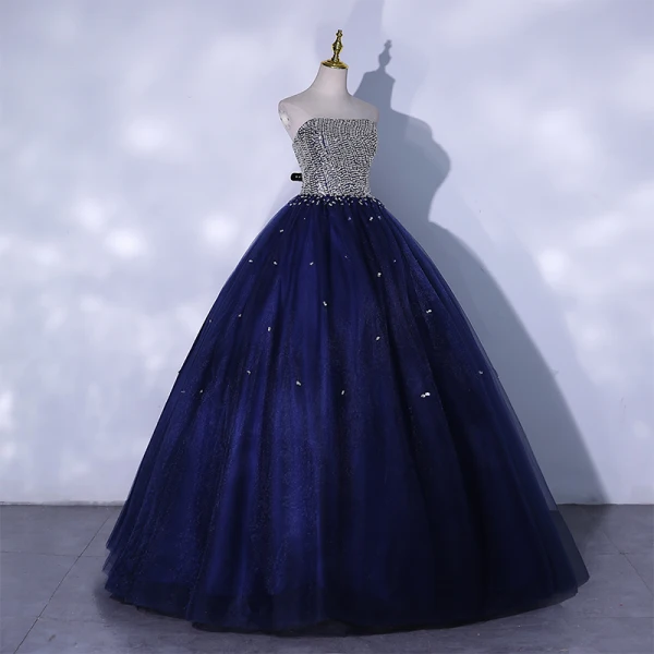 Chic / Belle Bleu Marine Robe De Bal 2021 Robe Boule Bustier Perlage Paillettes Sans Manches Dos Nu Longue Robe De Ceremonie