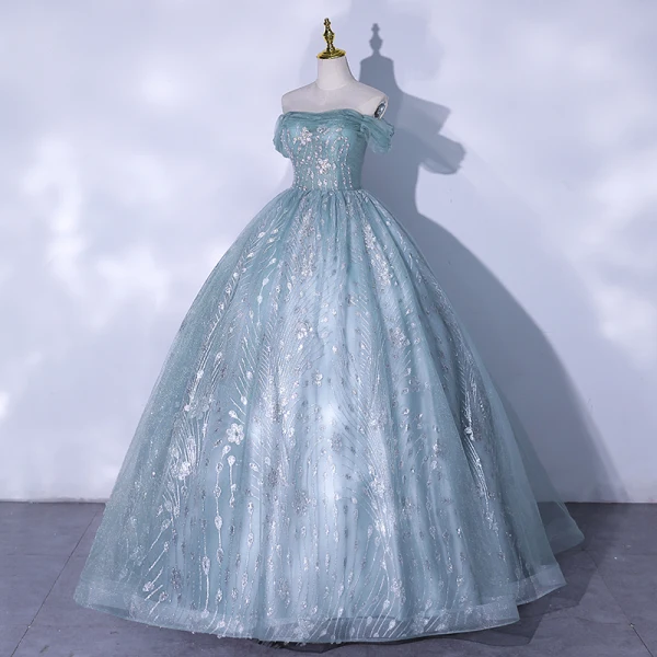 Chic / Beautiful Sage Green Glitter Prom Dresses 2021 Ball Gown Off-The-Shoulder Beading Sequins Short Sleeve Backless Floor-Length / Long Formal Dresses