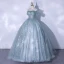 Chic / Beautiful Sage Green Glitter Prom Dresses 2021 Ball Gown Off-The-Shoulder Beading Sequins Short Sleeve Backless Floor-Length / Long Formal Dresses