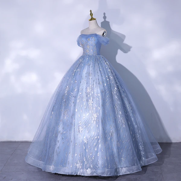 Élégant Bleu Ciel Glitter Perlage Paillettes Robe De Bal 2021 De l'épaule Manches Courtes Dos Nu Longue Robe De Ceremonie
