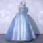 Elegant Sky Blue Prom Dresses 2021 Ball Gown Strapless Beading Sequins Lace Flower Sleeveless Backless Floor-Length / Long Formal Dresses