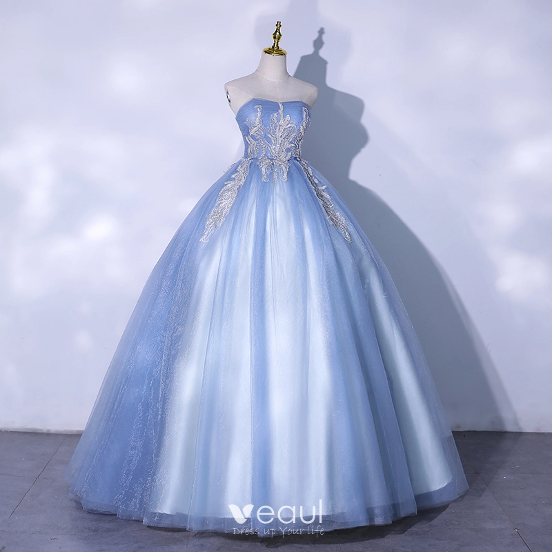 Elegant Sky Blue Prom Dresses 2021 Ball Gown Strapless Beading Sequins Lace  Flower Sleeveless Backless Floor-Length / Long Formal Dresses
