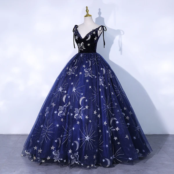 Chic / Beautiful Navy Blue Suede Prom Dresses 2021 Ball Gown Spaghetti Straps Lace Flower Sleeveless Backless Floor-Length / Long Formal Dresses