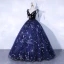 Chic / Beautiful Navy Blue Suede Prom Dresses 2021 Ball Gown Spaghetti Straps Lace Flower Sleeveless Backless Floor-Length / Long Formal Dresses