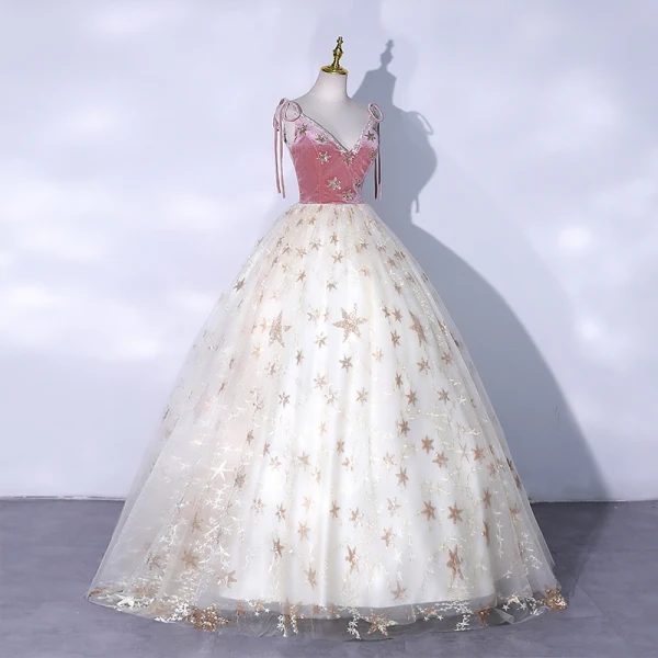 Charmant Rougissant Rose Robe De Bal 2021 Robe Boule V-Cou En Dentelle Paillettes Étoile Sans Manches Dos Nu Longue Robe De Ceremonie