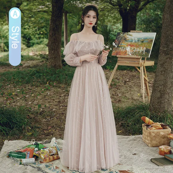 Modest / Simple Dusky Pink Sequins Bridesmaid Dresses 2021 A-Line / Princess Short Sleeve Backless Floor-Length / Long Wedding Party Dresses