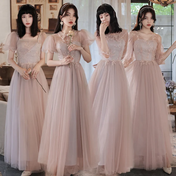 Chic / Beautiful Grey Pearl Lace Flower Bridesmaid Dresses 2021 A-Line / Princess Short Sleeve Backless Floor-Length / Long Bridesmaid Wedding Party Dresses