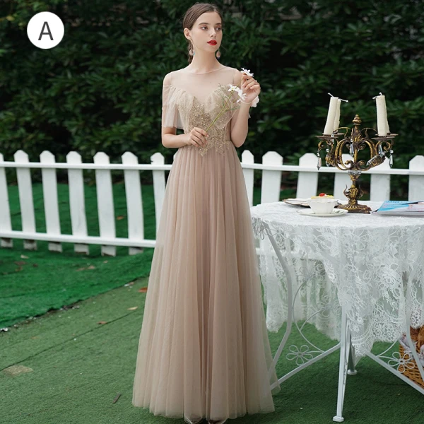 Charming Khaki Beading Sequins Backless Lace Flower Bridesmaid Dresses 2021 A-Line / Princess Short Sleeve Floor-Length / Long Bridesmaid Wedding Party Dresses