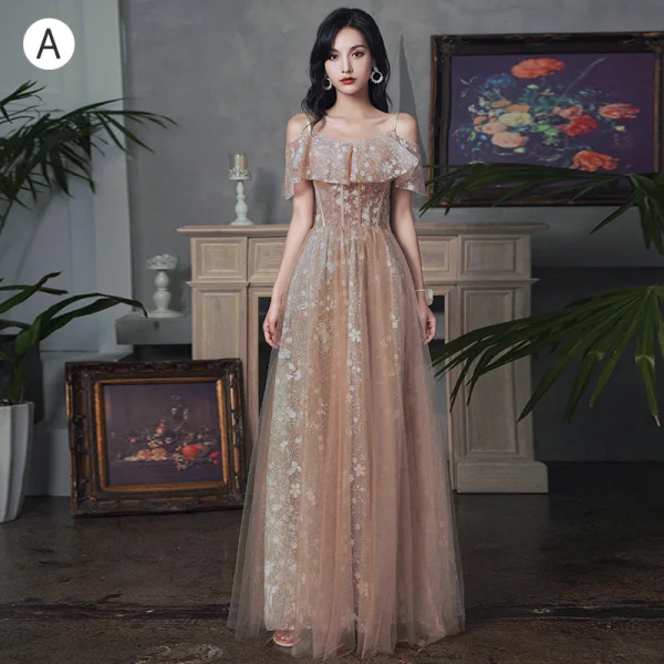 Chic / Beautiful Champagne Glitter Bridesmaid Dresses 2021 A-Line / Princess Short Sleeve Lace Flower Backless Floor-Length / Long Bridesmaid Wedding Party Dresses