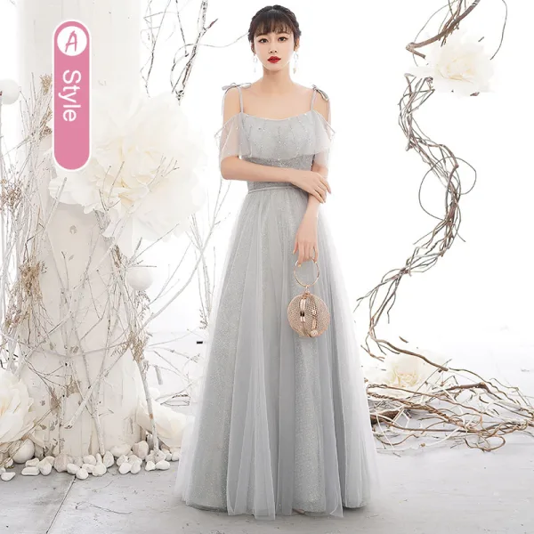 Chic / Beautiful Silver Grey Sequins Bridesmaid Dresses 2021 A-Line / Princess Short Sleeve Backless Sash Floor-Length / Long Wedding Party Dresses