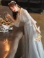 Fashion Sky Blue Lace Flower Bridesmaid Dresses 2021 A-Line / Princess V-Neck Pearl Sequins Bell sleeves Floor-Length / Long Wedding Party Dresses