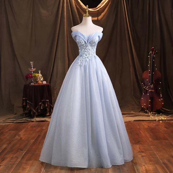 Élégant Bleu Ciel Robe De Bal 2021 Robe Boule De l'épaule Paillettes En Dentelle Fleur Appliques Sans Manches Dos Nu Longue Robe De Ceremonie
