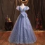 Scintillantes Bleu Ciel Glitter Robe De Bal 2021 Robe Boule Encolure Dégagée Gonflée Manches Courtes Noeud Dos Nu Longue Robe De Ceremonie