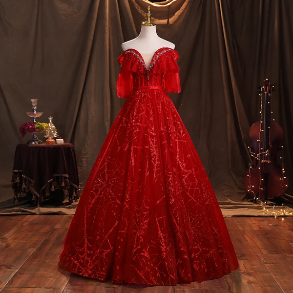 Charmant Bordeaux Paillettes Robe De Bal 2021 Robe Boule Bustier Manches Courtes Dos Nu Perlage Ceinture Longue Promo Robe De Ceremonie