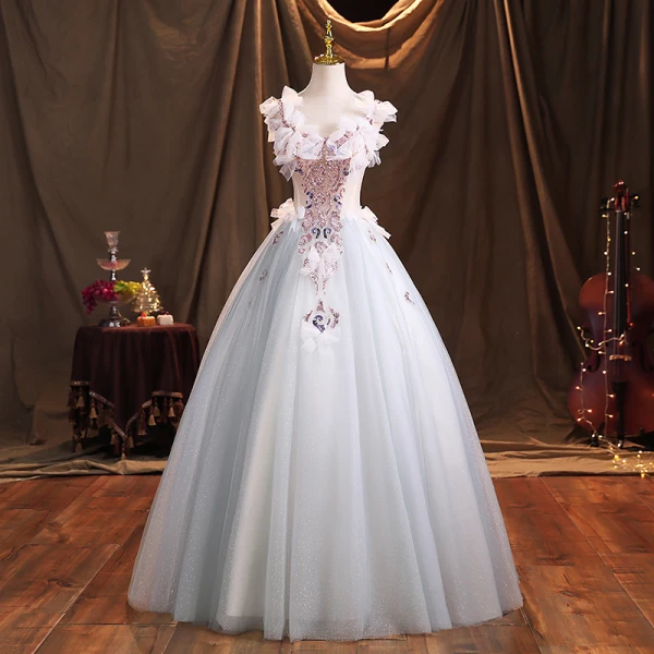 Mode Bleu Ciel Robe De Bal 2021 Robe Boule V-Cou Perlage Perle Faux Diamant Noeud Sans Manches Dos Nu Longue Robe De Ceremonie